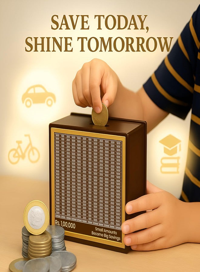 DALUCI Money Saving Box for Adults & Kids | 1 Lakh Savings Challenge Wooden Piggy Bank with Denomination Grid | Cash Saving Box, Budget Organizer & Unique Gift Item (Golden Line) - Image 4